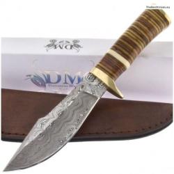 Couteau Bowie Lame Damas 256 Couches Manche Cuir Etui Cuir DM1066