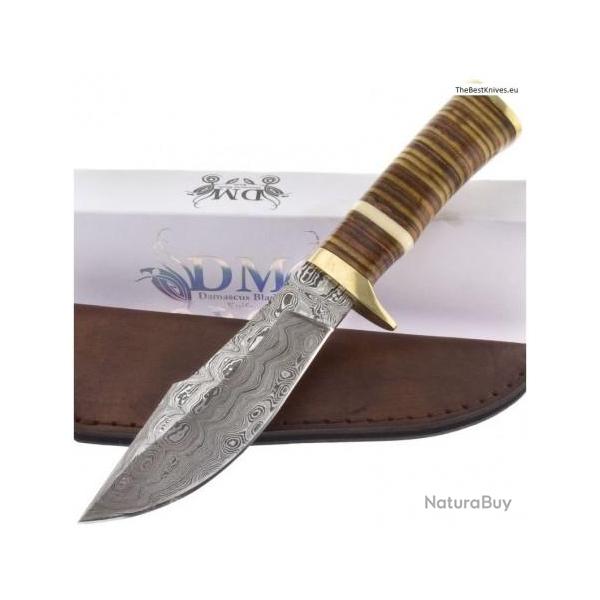 Couteau Bowie Lame Damas 256 Couches Manche Cuir Etui Cuir DM1066