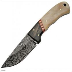 Couteau Bowie Lame Damas 256 Couches Manche Os & Corne Etui Cuir DM1068