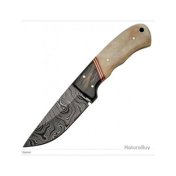 Couteau Bowie Lame Damas 256 Couches Manche Os & Corne Etui Cuir DM1068
