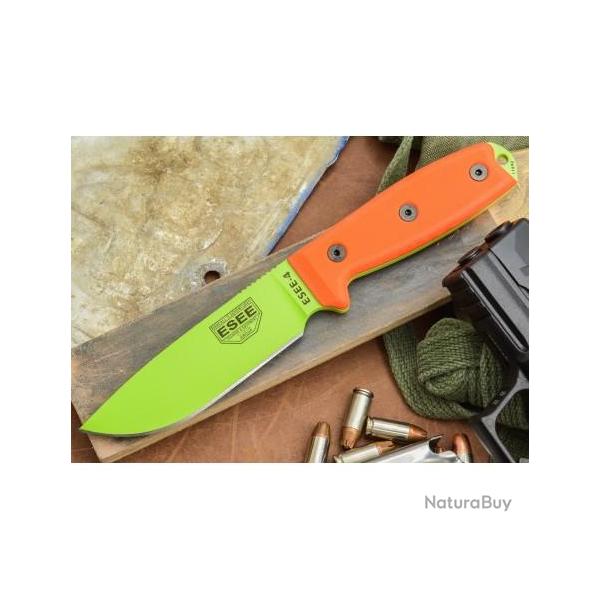Couteau de Survie Esee Model 4 Plain Lame carbone 1095 Venom Green Orange G-10 Made In USA ES4PVG