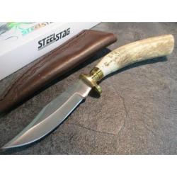 Skinner Couteau de Chasse Hunter Acier Carbone Manche Bois de Cerf Etui Cuir SS7015