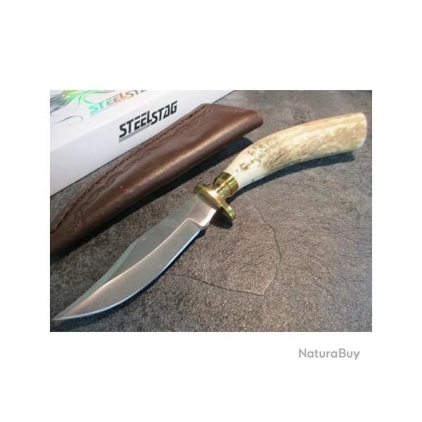 Skinner Couteau de Chasse Hunter Acier Carbone Manche Bois de Cerf Etui Cuir SS7015