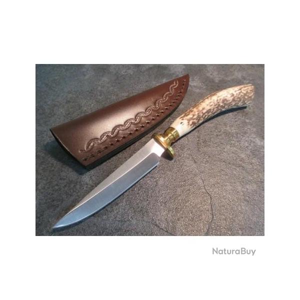 Skinner Couteau de Chasse Hunter Acier Carbone Manche Bois de Cerf Etui Cuir SS7018