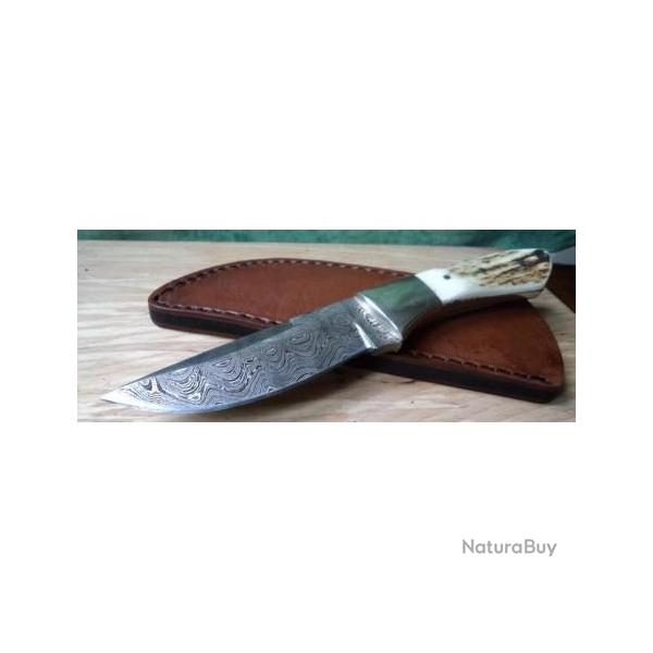 Couteau Lame Damas 176 Couches Manche Bois de Cerf Etui Cuir DM1050SG