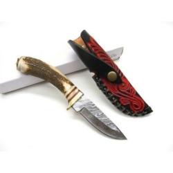 Couteau de chasse lame DAMAS 128 couches et manche BOIS DE CERF DM1046