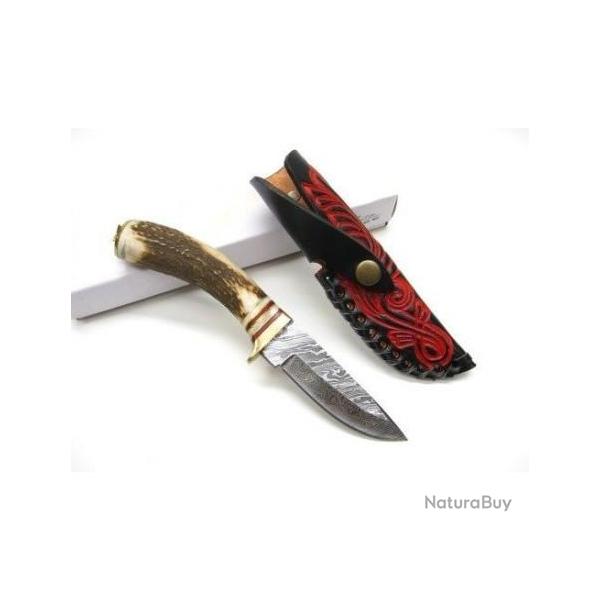 Couteau de chasse lame DAMAS 128 couches et manche BOIS DE CERF DM1046