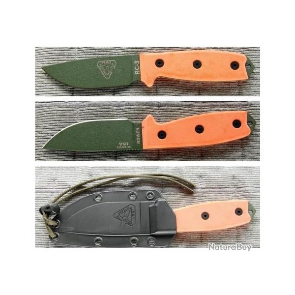 RC3POD Couteau de Survie Esee Model 3 Orange Lame Acier Carbone 1095 Manche G-10 Etui Molded