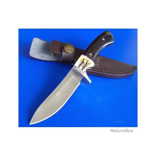ER087 Couteau Elk Ridge Hunter Lame Acier 440 Manche Bois & Imitation Bois de Cerf Abs Etui Cuir