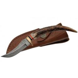Couteau Lame Damas 128 Couches Stag Tip Skinner Manche en Bois de Chevreuil Etui CUir DM1028