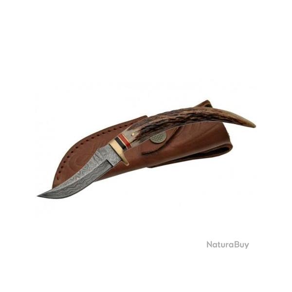 Couteau Lame Damas 128 Couches Stag Tip Skinner Manche en Bois de Chevreuil Etui CUir DM1028