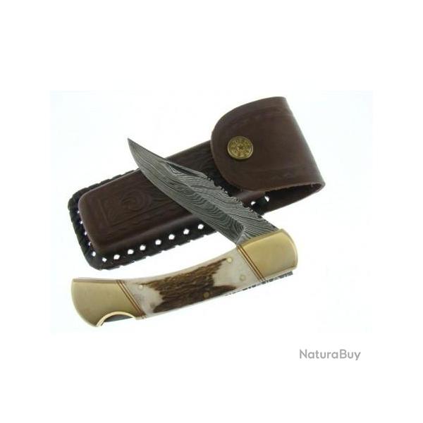 Couteau De Poche Lame Damas 126 Couches Manche Bois de Cerf Etui Cuir DM1040