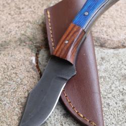 Couteau Skinner de Poche Lame Clip Point Acier Carbone 1075 Manche 2 Bois Etui Cuir Fab Artisanale02