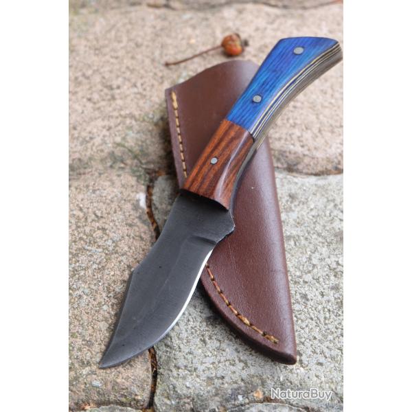 Couteau Skinner de Poche Lame Clip Point Acier Carbone 1075 Manche 2 Bois Etui Cuir Fab Artisanale02