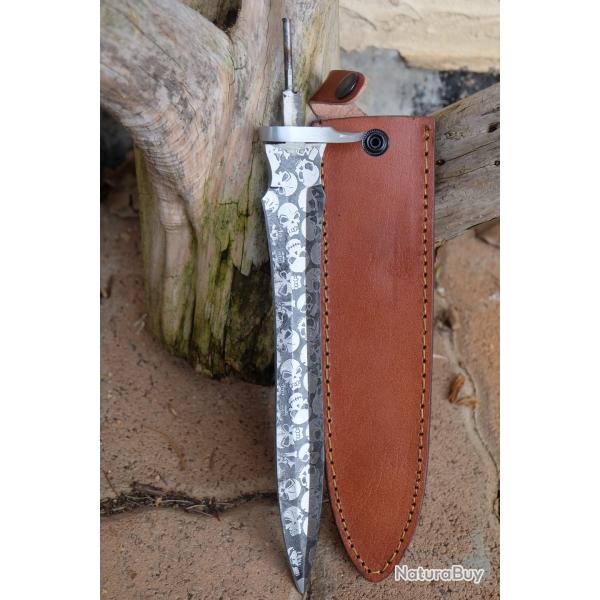 Lame Dague Skull T�tes de Mort Acier Carbone 1055 Lame A Customiser Le Manche Garde Nickel
