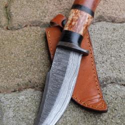 Couteau Poignard Lame Acier Damas 256 Couches Manche Bois/OS Garde/Pommeau Damas Etui Cuir Artisan