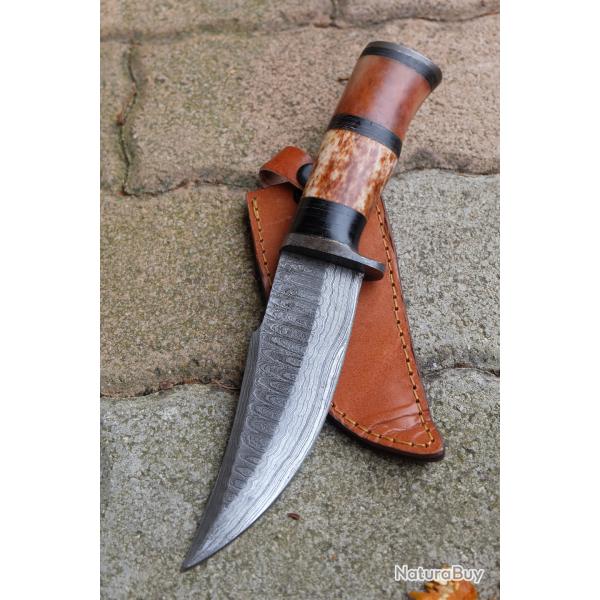 Couteau Poignard Lame Acier Damas 256 Couches Manche Bois/OS Garde/Pommeau Damas Etui Cuir Artisan
