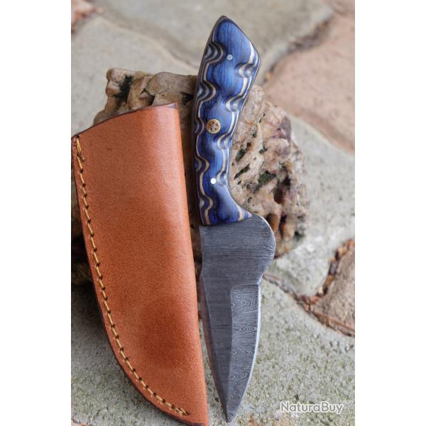 Couteau Skinner de Poche Lame Acier Damas 256 Couches Manche 3D Atlantide Etui Cuir Fab Artisanale