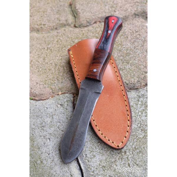 Couteau Dague Scottish Dirk Lame Acier Damas 256 Couches Manche Bois Arlequin Etui Cuir Artisanale