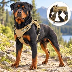 Harnais Tactique Chien Kaki Anti Traction Poign&eacute;e R&eacute;fl&eacute;chissant Chasse