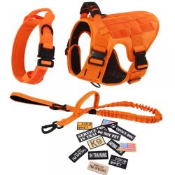 Harnais Tactique Chien Orange R&eacute;glable Anti Traction R&eacute;fl&eacute;chissant avec Poign&eacute;e