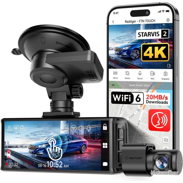 REDTIGER 4K STARVIS 2 Dashcam avant arri�re, WiFi 5 GHz 20 Mo/s, commande �cran tactile, GPS, enregi