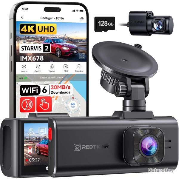 REDTIGER Starvis 2 IMX678 Cam�ra embarqu�e 4K avant et arri�re 8 MP UHD Carte gratuite de 128 Go, Wi