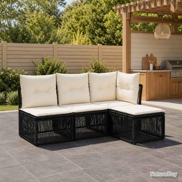 Ensemble de canap�s, 4 pi�ces, 4 places, noir, en polyrotin, pour le jardin