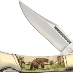 Couteau Pliant Alaska Scrimshaw Connection Bear Lame Inox Clip Point Manche Os Lockback ASC1