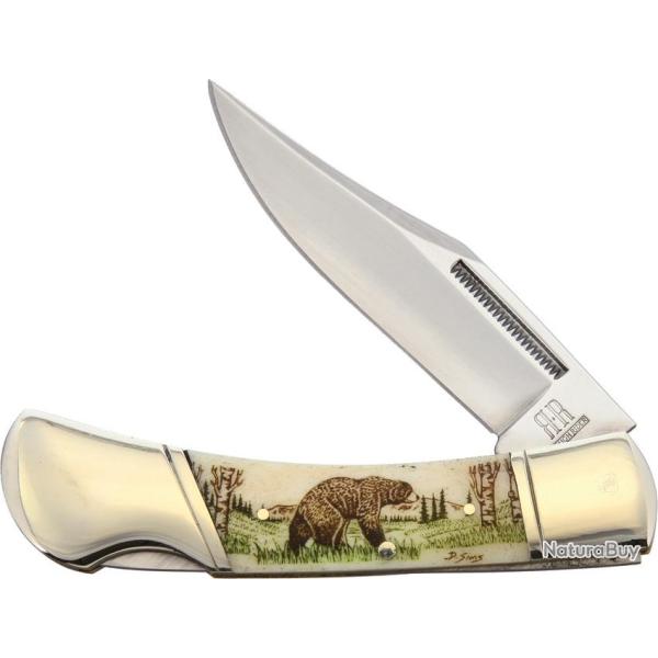 Couteau Pliant Alaska Scrimshaw Connection Bear Lame Inox Clip Point Manche Os Lockback ASC1