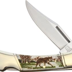 Couteau Pliant Alaska Scrimshaw Connection Wolf Lame Inox Clip Point Manche Os Lockback ASC2