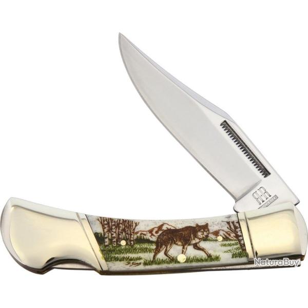 Couteau Pliant Alaska Scrimshaw Connection Wolf Lame Inox Clip Point Manche Os Lockback ASC2
