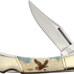 Couteau Pliant Alaska Scrimshaw Connection Eagle Lame Inox Clip Point Manche Os Lockback ASC3