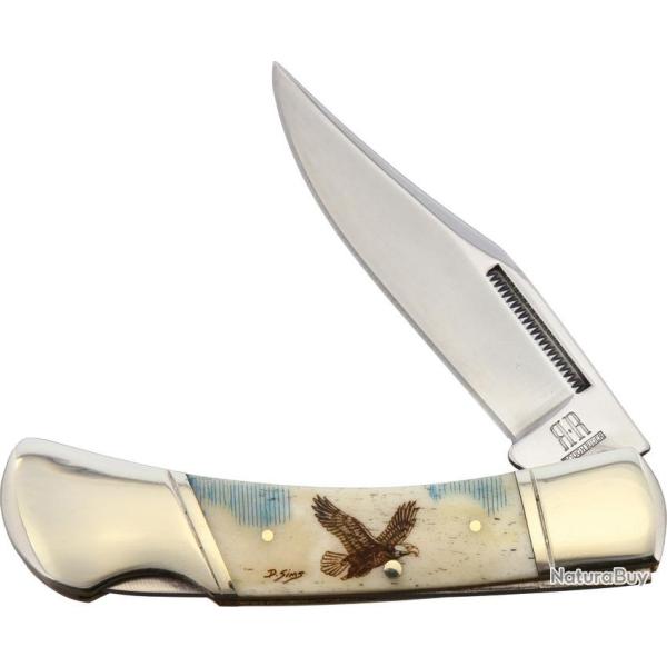 Couteau Pliant Alaska Scrimshaw Connection Eagle Lame Inox Clip Point Manche Os Lockback ASC3