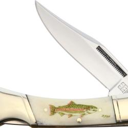 Couteau Pliant Alaska Scrimshaw Connection Salmon Lame Inox Clip Point Manche Os Lockback ASC4