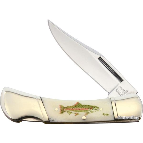 Couteau Pliant Alaska Scrimshaw Connection Salmon Lame Inox Clip Point Manche Os Lockback ASC4