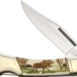 Couteau Pliant Alaska Scrimshaw Connection Moose Lame Inox Clip Point Manche Os Lockback ASC5