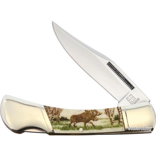 Couteau Pliant Alaska Scrimshaw Connection Moose Lame Inox Clip Point Manche Os Lockback ASC5