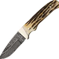 Couteau Fixe Bear & Son Skinner Lame Acier Damas Drop Point Manche Os &Eacute;tui Cuir BC548D