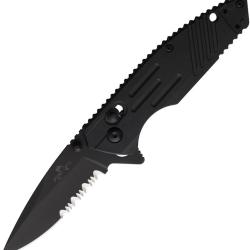 Couteau Bear & Son Lame Acier D2 Noire Semi-Dentel&eacute;e Manche Zytel Noir Slide Lock BCMC950B7BSR