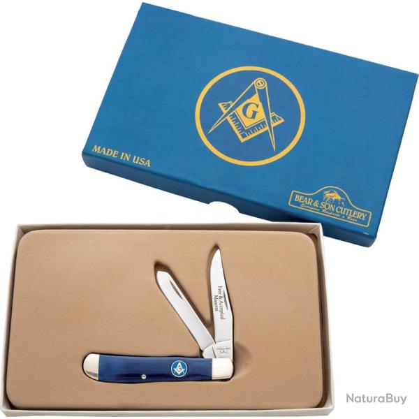 Couteau Pliant Bear & Son Masonic Trapper Lame Acier 440 Manche Os Bleu BCS607M