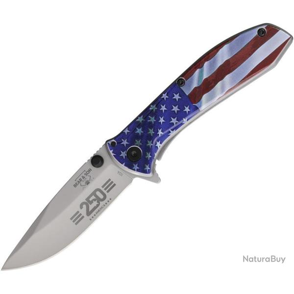 Couteau Pliant Bear & Son 250th A/O Lame Inox Drop Point Manche Inox Drapeau US Framelock BCU112AUSA