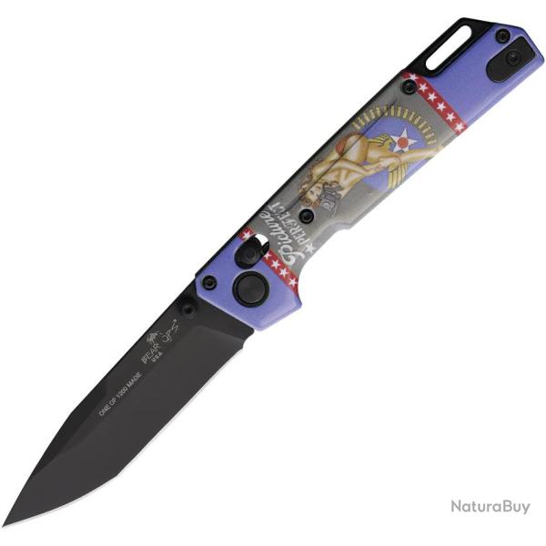 Couteau Bear & Son Nekama I Pinup Lame Acier 14C28N Manche Aluminium Bleu Crossbar Lock BCU26JUN