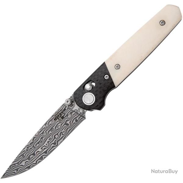 Couteau Pliant Bear & Son Lawman Slidelock Lame Acier Damas Manche Os Blanc BCWSB22D