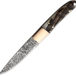 Couteau Fixe BenJahmin Knives Lame Acier Damas Manche Corne &Eacute;tui Cuir BKA034