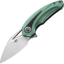 Couteau Bestech Knives Nuke Lame Acier M390 Manche Titane Vert et Noir Insert Motif G10 BTKT2107D