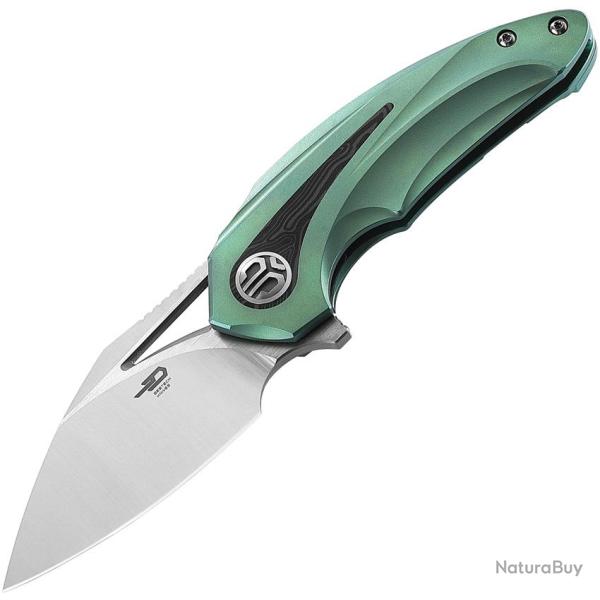 Couteau Bestech Knives Nuke Lame Acier M390 Manche Titane Vert et Noir Insert Motif G10 BTKT2107D