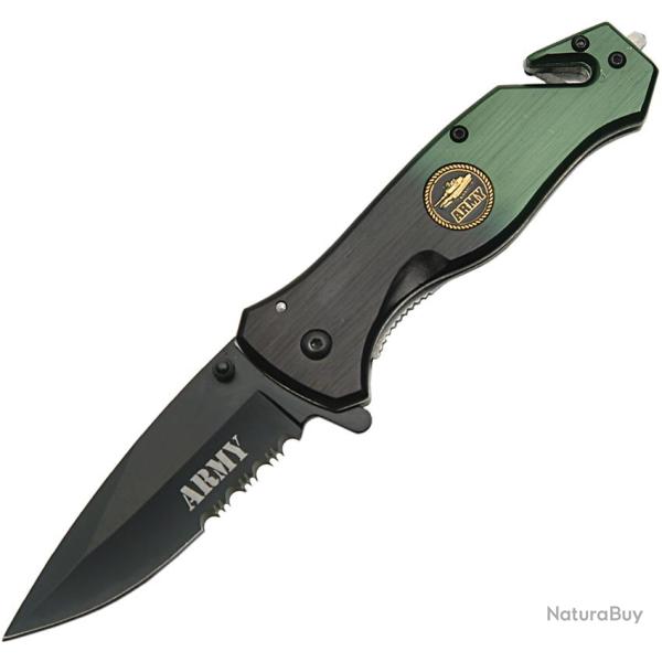Couteau Pliant Rescue Army A/O Lame Inox Manche Aluminium Noir et Vert Linerlock CN300202AR