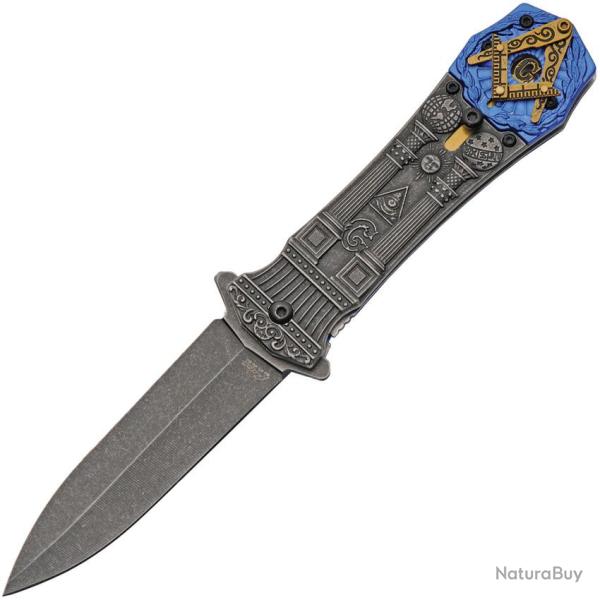 Couteau Pliant Masonic Secrets Lame Acier 420 Manche Zinc Bleu et Gris Linerlock CN300604