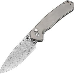 Couteau Pliant CJRB Pyrite Lame Acier Damas Manche Titane Gris Button Lock &Eacute;tui Nylon J1925LTDM